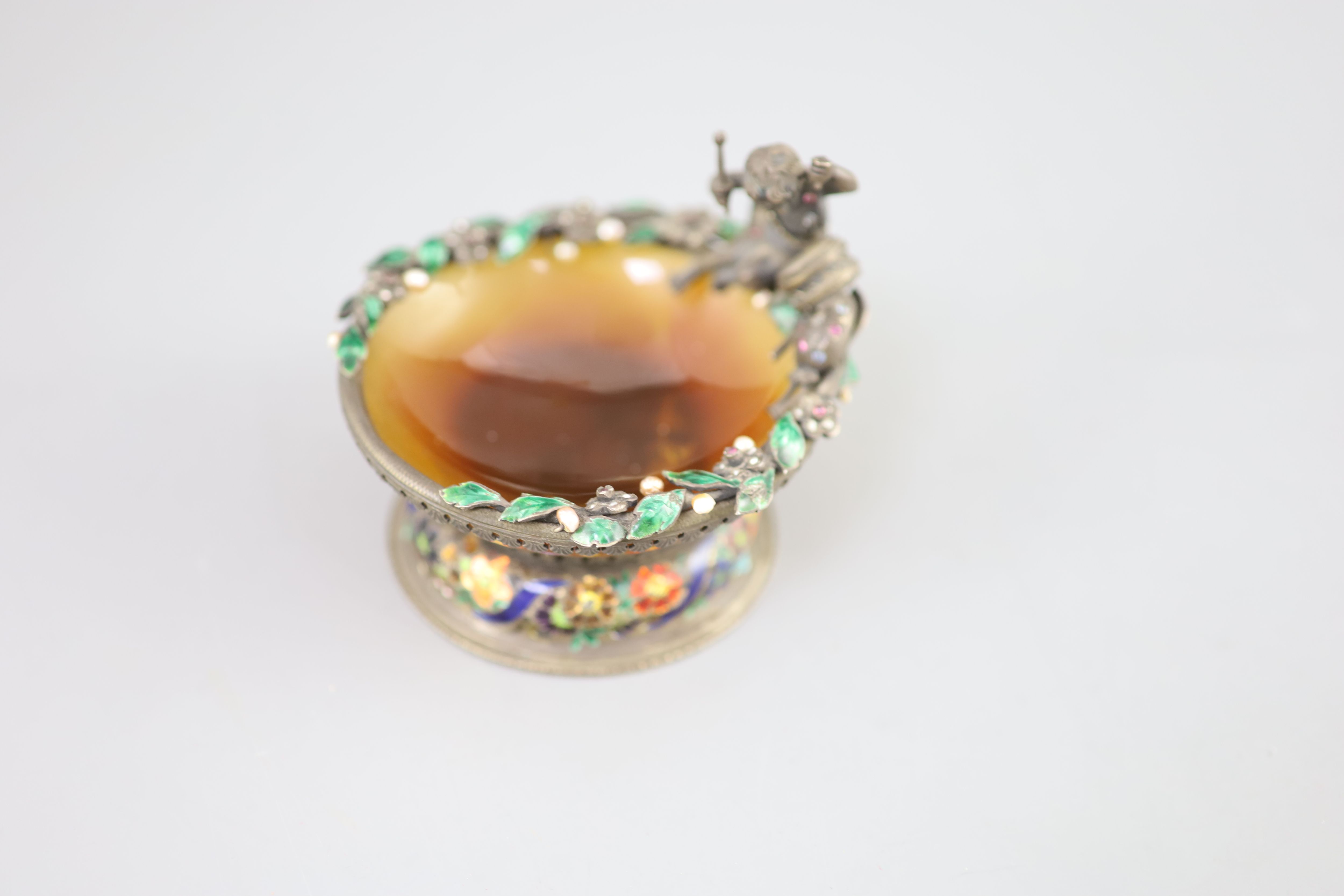 A 19th century Austro-Hungarian silver, green enamel and gem set mounted agate table salt